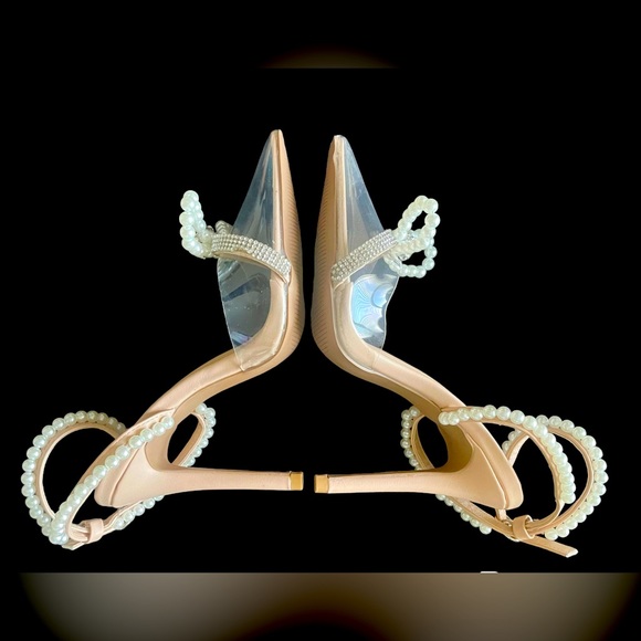 Qupid Nude Clear Rhinestone Strap Bow Pointy Toe Heels - Picture 2 of 2